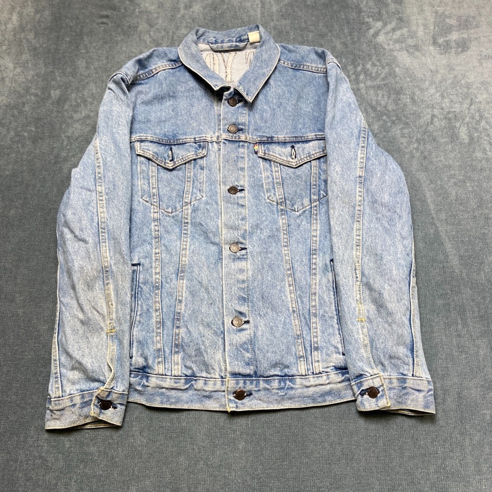Vintage Levi's Use Your Voice Trucker Jacket Mens XL Blue Denim Chest Pockets